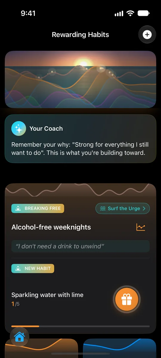 The Rewarding Habits home screen on iPhone in dark mode: a golden-hour ocean of habit waves, a message from the coach, and a quit goal in progress